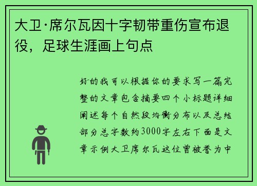 大卫·席尔瓦因十字韧带重伤宣布退役，足球生涯画上句点