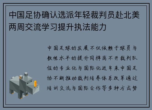 中国足协确认选派年轻裁判员赴北美两周交流学习提升执法能力