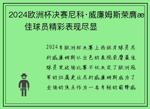 2024欧洲杯决赛尼科·威廉姆斯荣膺最佳球员精彩表现尽显